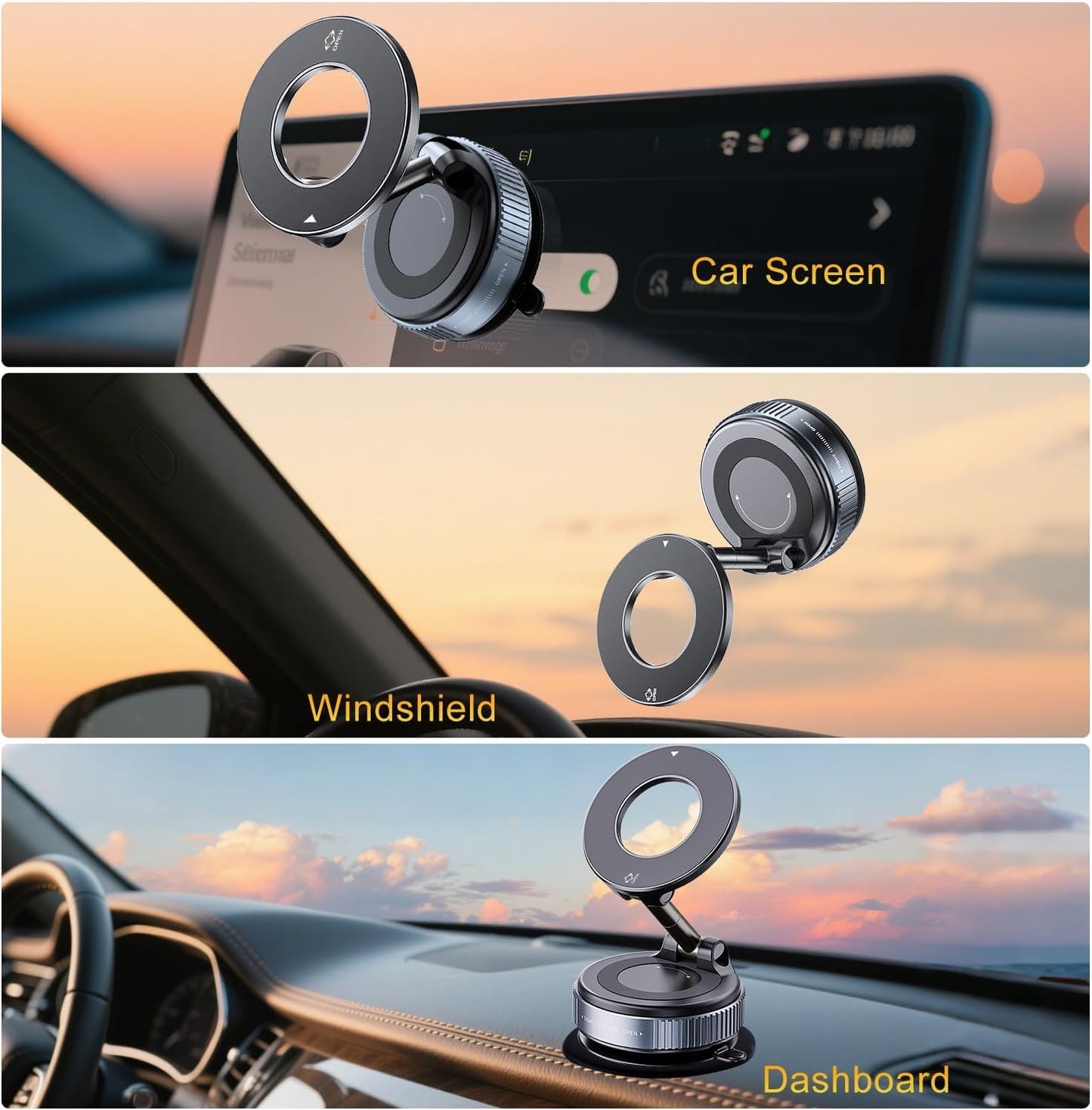 Vacuum Magnetic Phone Holder for Car - 360°Rotatable Foldable Dashboard Phone Holder for iPhone 16 Pro MAX 15 14 13 12 & Samsung, Multi-Surface Suction Phone Mount for Car, Desk, Kitchen, Gym (Black)