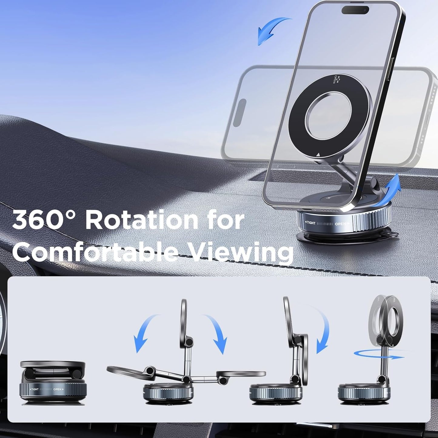 Vacuum Magnetic Phone Holder for Car - 360°Rotatable Foldable Dashboard Phone Holder for iPhone 16 Pro MAX 15 14 13 12 & Samsung, Multi-Surface Suction Phone Mount for Car, Desk, Kitchen, Gym (Black)
