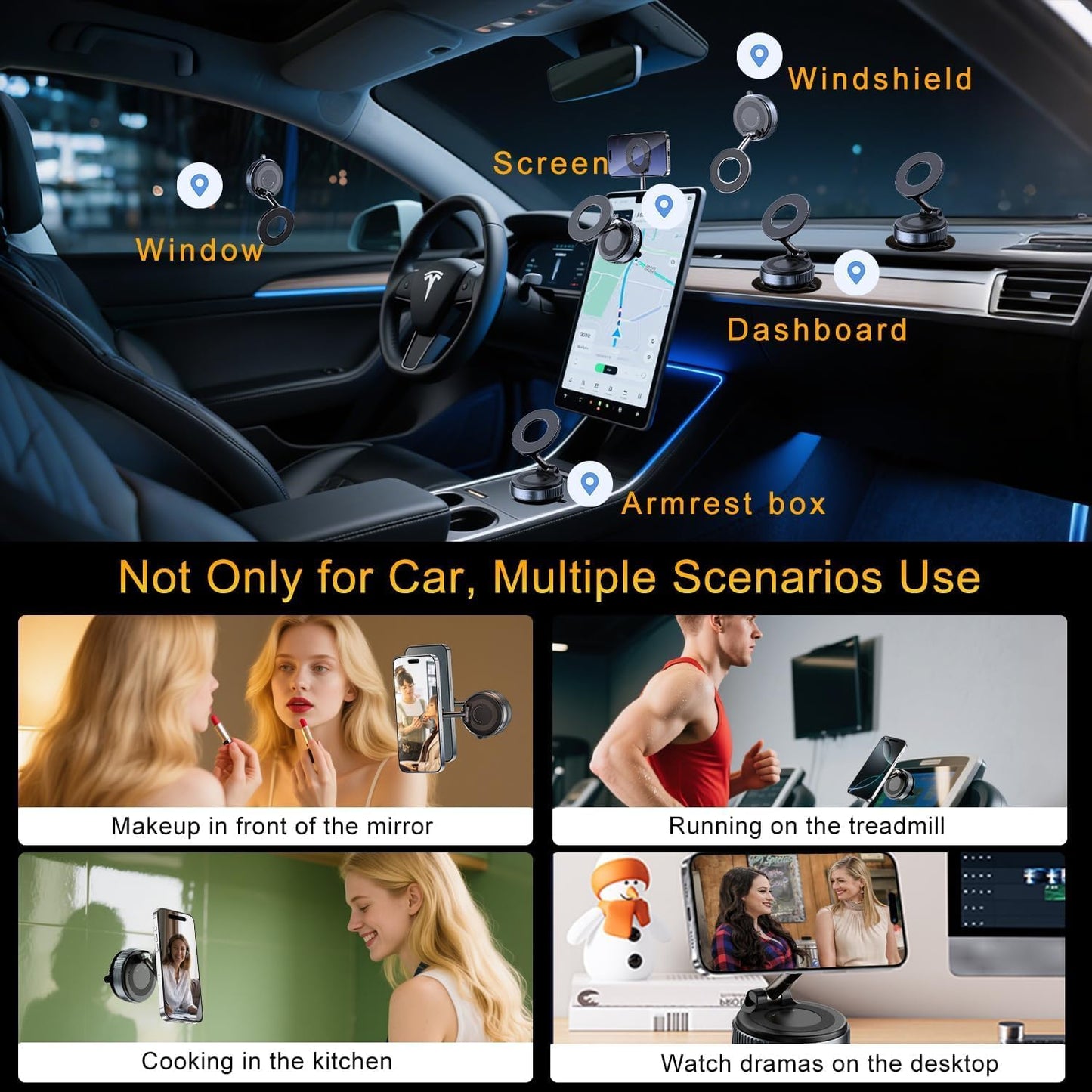 Vacuum Magnetic Phone Holder for Car - 360°Rotatable Foldable Dashboard Phone Holder for iPhone 16 Pro MAX 15 14 13 12 & Samsung, Multi-Surface Suction Phone Mount for Car, Desk, Kitchen, Gym (Black)