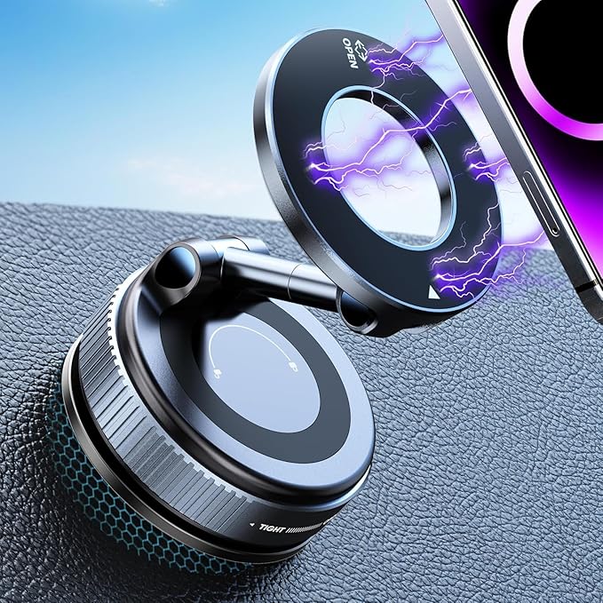 Vacuum Magnetic Phone Holder for Car - 360°Rotatable Foldable Dashboard Phone Holder for iPhone 16 Pro MAX 15 14 13 12 & Samsung, Multi-Surface Suction Phone Mount for Car, Desk, Kitchen, Gym (Black)
