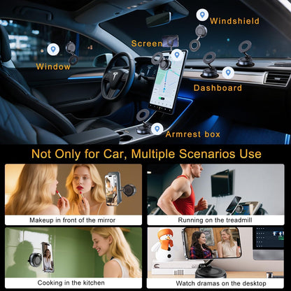 Vacuum Magnetic Phone Holder for Car - 360°Rotatable Foldable Dashboard Phone Holder for iPhone 16 Pro MAX 15 14 13 12 & Samsung, Multi-Surface Suction Phone Mount for Car, Desk, Kitchen, Gym (Black)