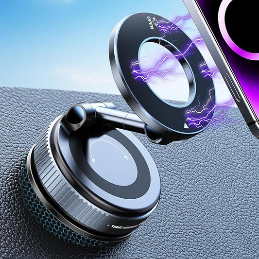 Vacuum Magnetic Phone Holder for Car - 360°Rotatable Foldable Dashboard Phone Holder for iPhone 16 Pro MAX 15 14 13 12 & Samsung, Multi-Surface Suction Phone Mount for Car, Desk, Kitchen, Gym (Black)